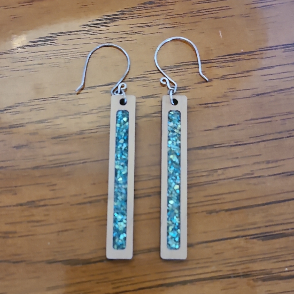 Silver and Teal Glitter Bar Earrings